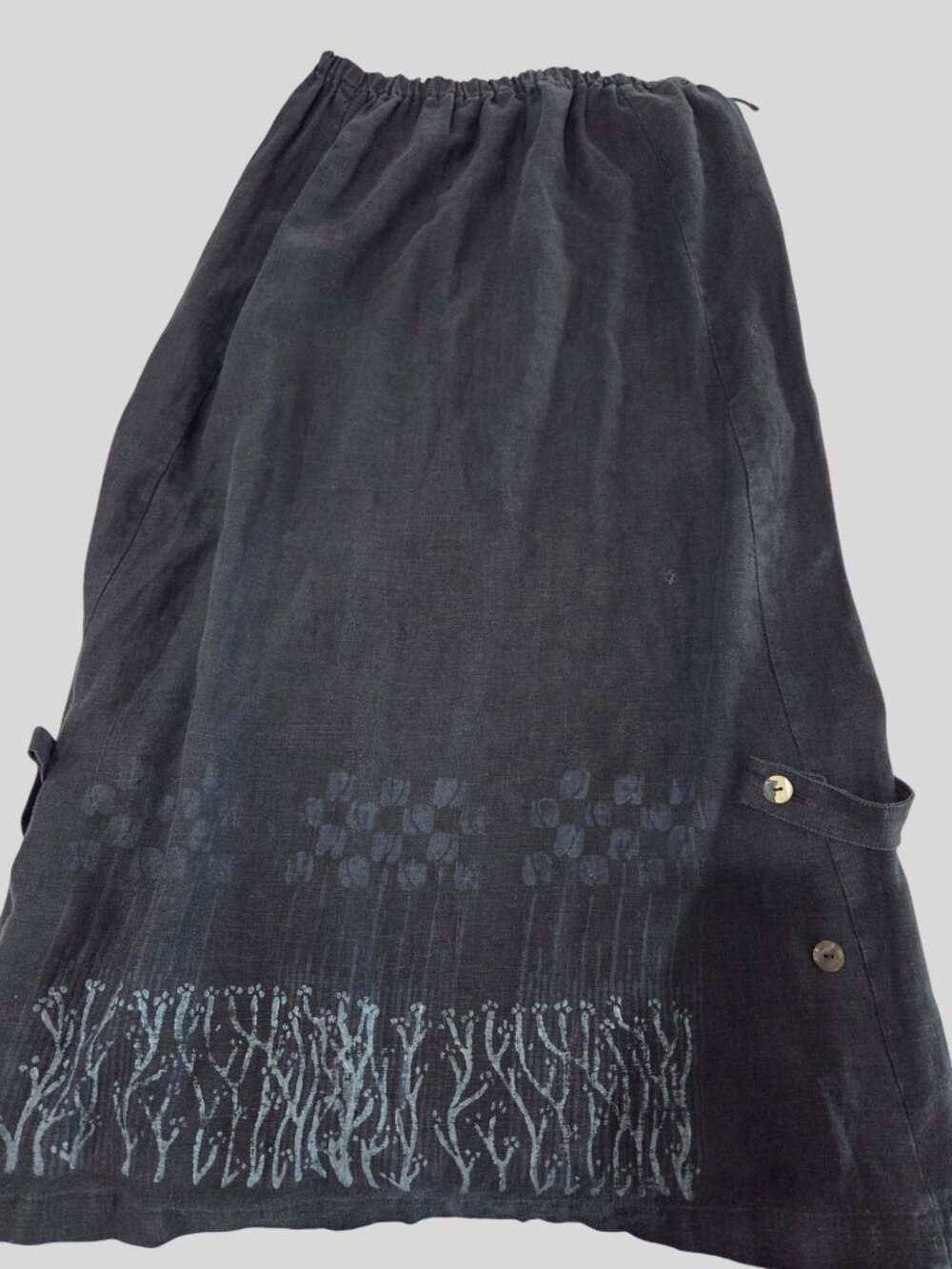 VTG 1996 Blue Fish Linen Maxi Skirt Black Sz 1 Painted Botanical Hem Lagenlook